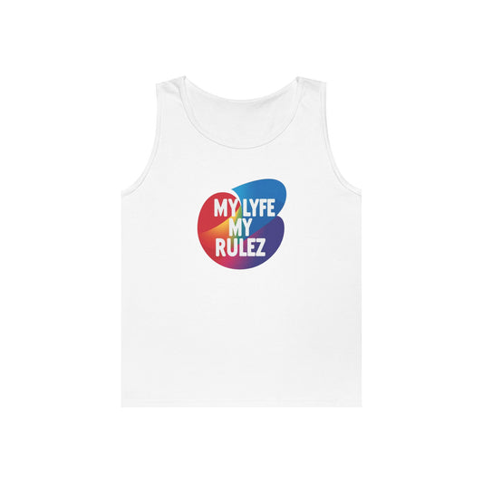 White tank top with colorful 'MY LYFE MY RULEZ' PRlDE logo on a white background