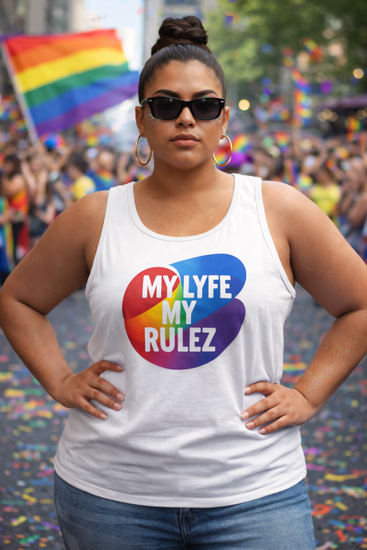 Person wearing a tank top with 'MY LYFE MY RULEZ' at a Pride parade.