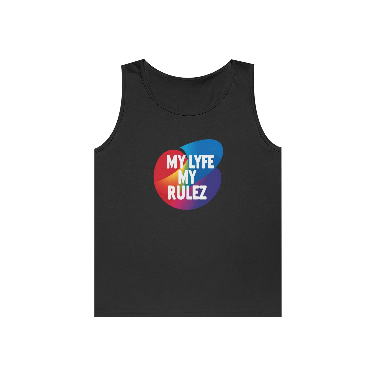 Black tank top with colorful PRIDE "MY LYFE MY RULEZ " graphic and text on a white background