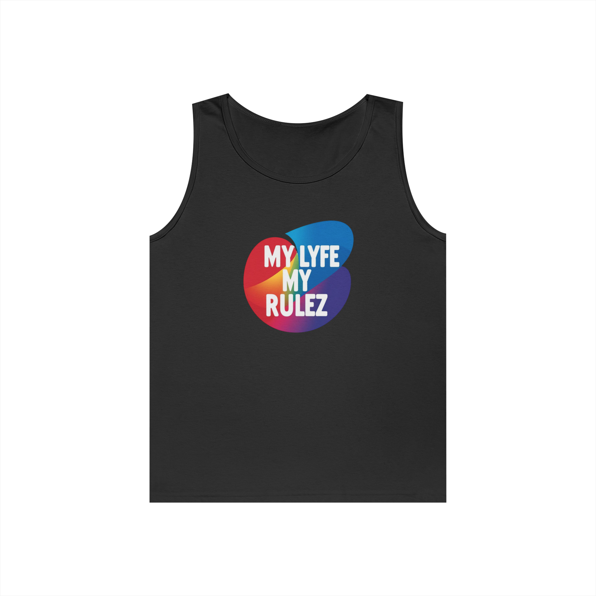 Black tank top with colorful PRIDE "MY LYFE MY RULEZ " graphic and text on a white background