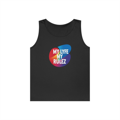Black tank top with colorful PRIDE "MY LYFE MY RULEZ " graphic and text on a white background