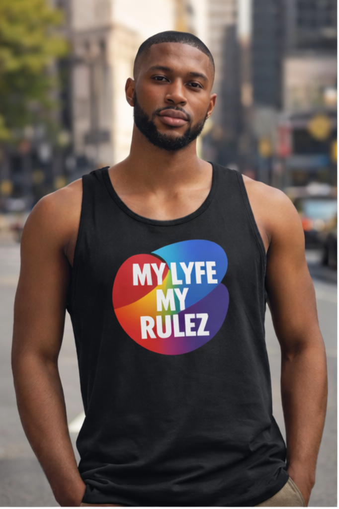 Man wearing a black tank top with a PRIDE "MY LYFE MY RULEZ" colorful Logo on a city street