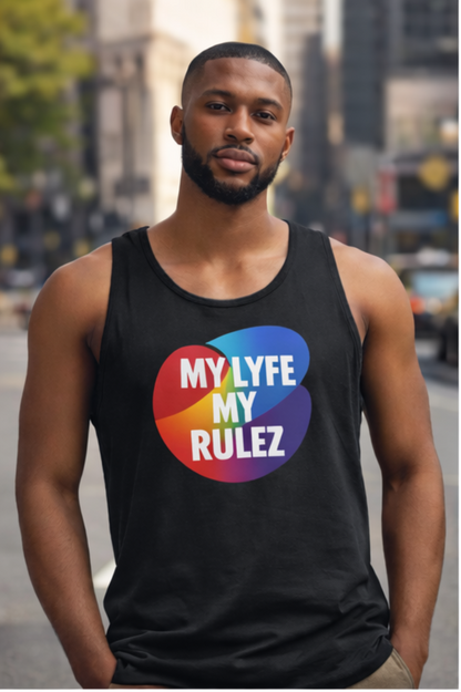 Man wearing a black tank top with a PRIDE "MY LYFE MY RULEZ" colorful Logo on a city street